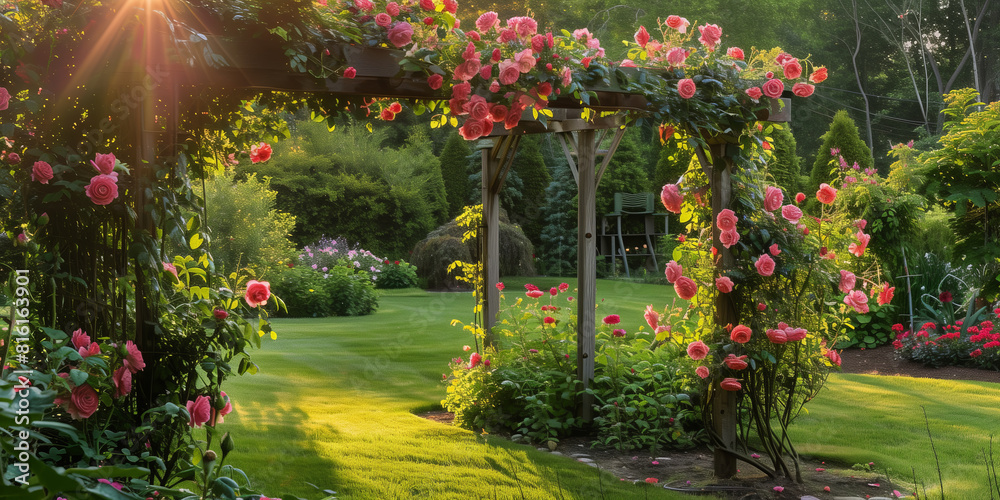 Obraz premium Lush well-maintained summer garden with an arbor covered in climbing roses in evening light.