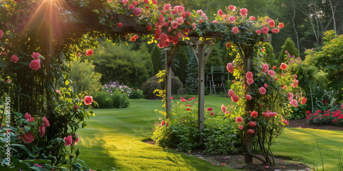 Lush well-maintained summer garden with an arbor covered in climbing roses in evening light.