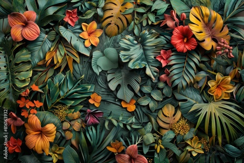 Diverse tropical leaves and flowers creating a lush botanical background