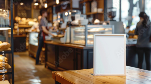 A white blank poster frame mockup on a table in a coffee shop  with a blurry background of people and the bakery interior including a showcase