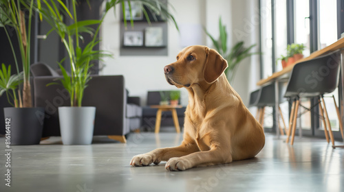 Pet friendly workspace, dogs welcome office with a dog lying on a floor, copy space for text