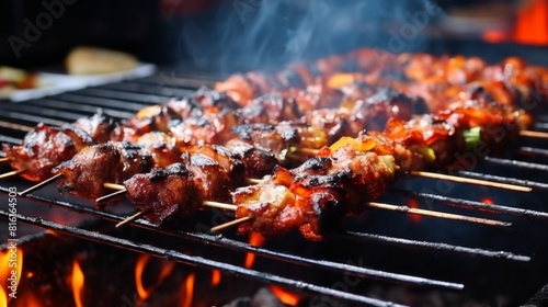 Skewered meat and vegetables cooking on an open fire grill  with smoke and flames enhancing the flavors