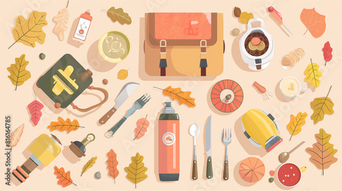 A colorful autumn scene with various items such as a backpack, a bottle, a knife