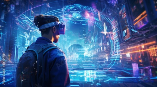 A person engaged in a virtual reality experience within a high-tech neon cyber city environment