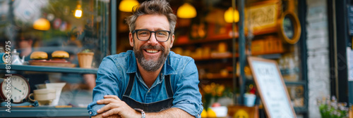 Smiling Bearded Man with Glasses Leaning on Counter of Cozy Cafe