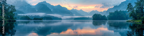 Tranquil mountain lake at sunrise with misty reflections and serene landscape