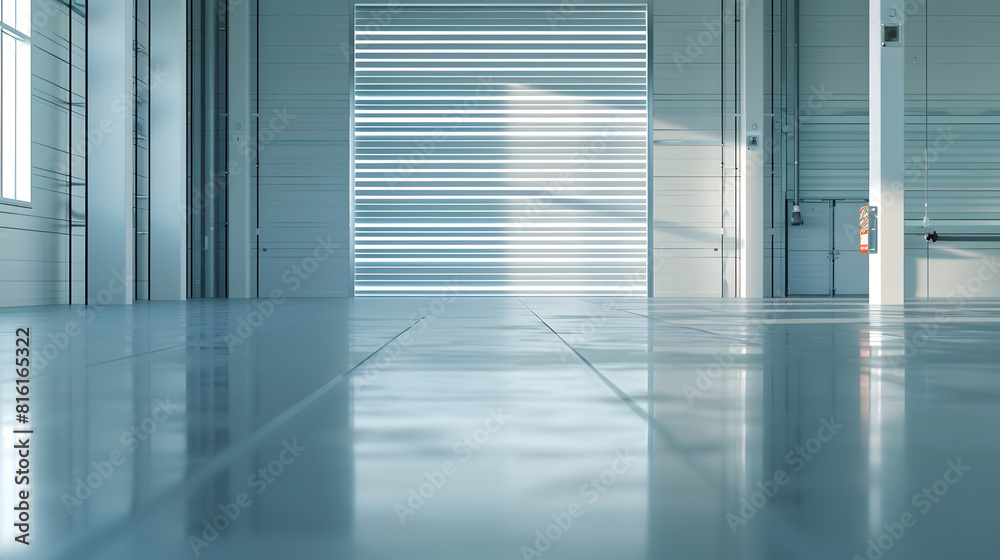 Roller door or roller shutter using for factory warehouse or hangar Industrial building interior consist of polished concrete floor and closed door for product display or industry back : Generative AI Roller door or roller shutter using for factory warehouse or hangar Industrial building interior consist of polished concrete floor and closed door for product display or industry back : Generative AI
