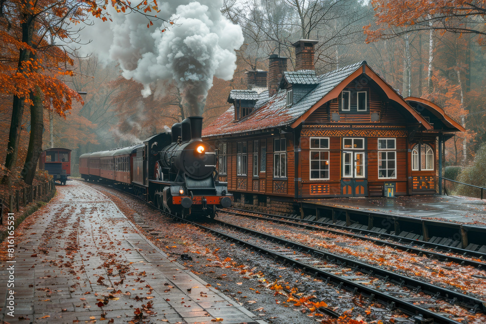 Obraz premium Vintage Steam Train Passing Autumnal Forest Train Station with Falling Leaves and Wooden Cabin