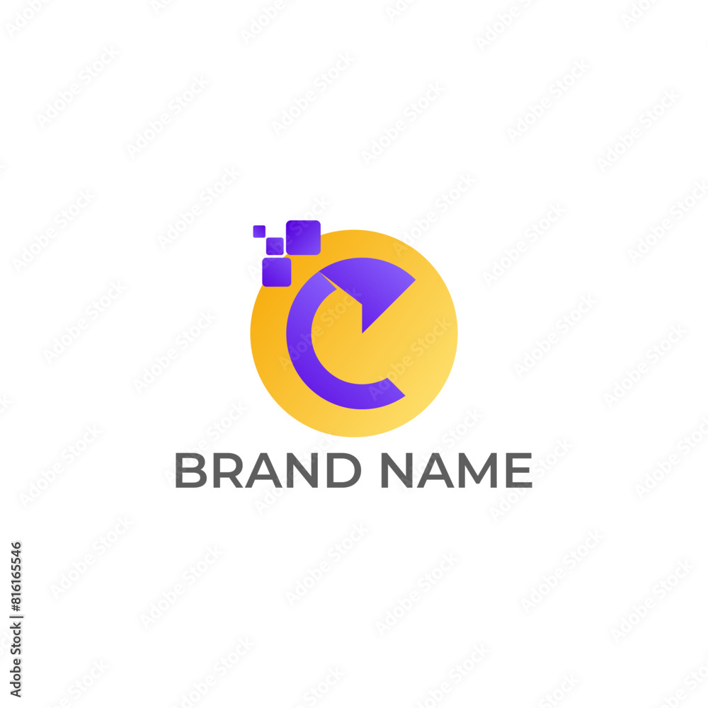 ILLUSTRATION LETTER C WITH CIRCLE PIXEL GRADIENT PURPLE ORANGE COLOR TECH LOGO ICON TEMPLATE DESIGN VECTOR