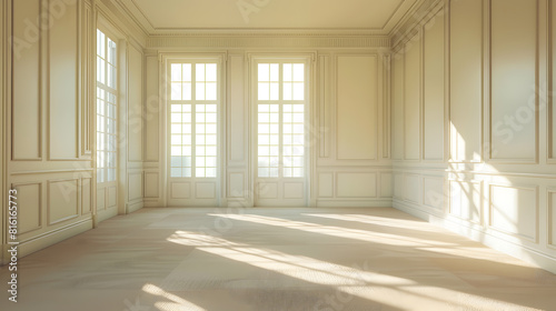 Bright beige large empty room with carpet molding and  windows : Generative AI © Generative AI
