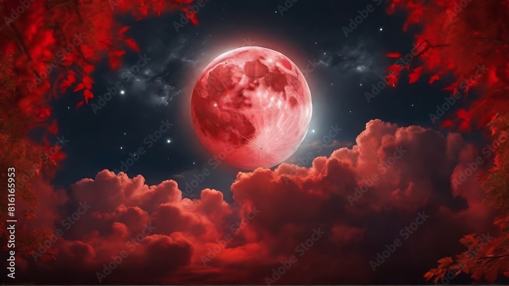 Moonlit Serenity: Red Moon and Stars Moonlit Serenity: Red Moon and Stars