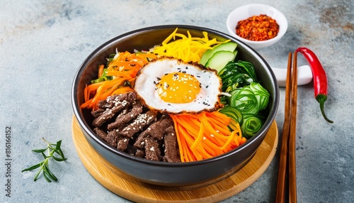 traditional korean dish bibimbap with fried agg beef and vegetables photo