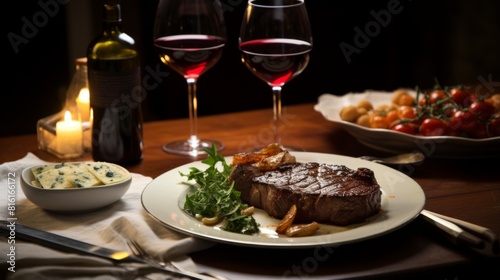 An elegant dinner setting featuring a succulent steak  red wine  candles  and refined side dishes set for a sophisticated dining experience
