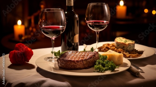 A warm and inviting romantic dinner table set with steak  wine  cheese  and a red rose  evoking a sense of intimacy and celebration