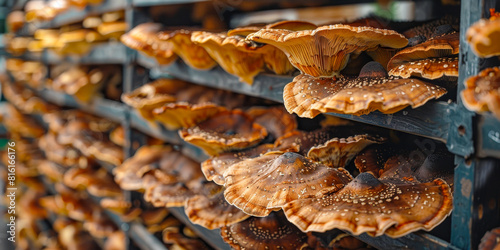 Close Up of Shiitake Mushrooms Growing on Shelves in an Indoor Farm