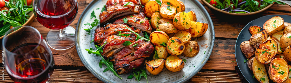 Delicious Grilled Ribs and Roasted Potatoes with Fresh Salad and Red Wine on Rustic Wooden Table