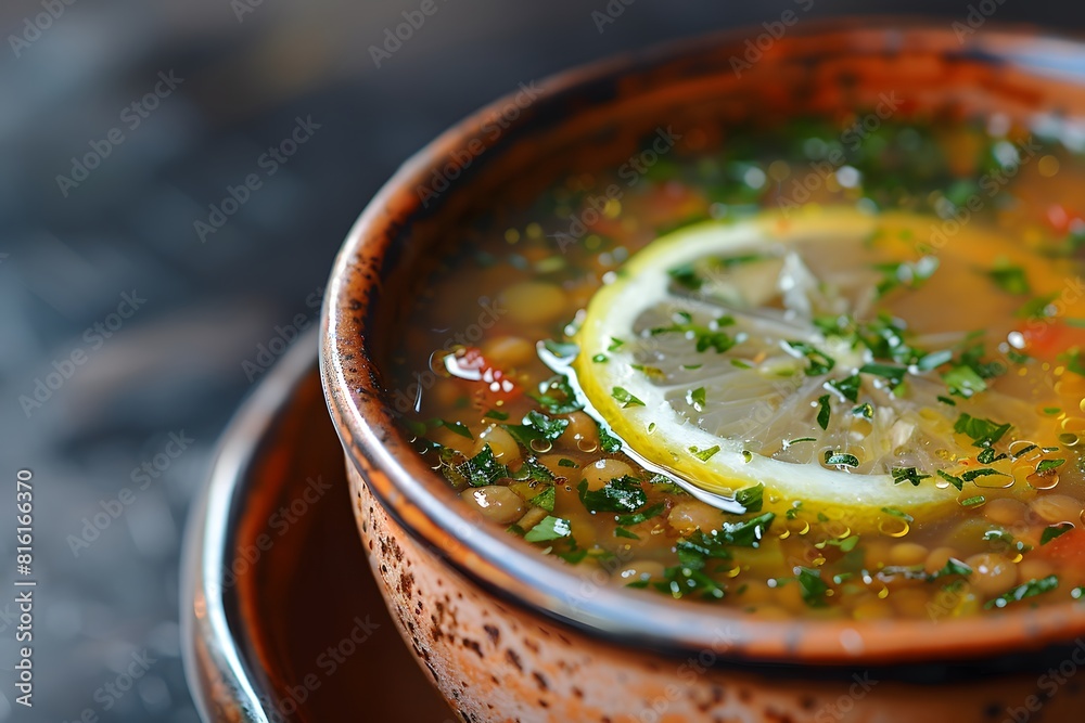 A bowl of soup with a lemon slice in it A bowl of soup with a lemon slice in it