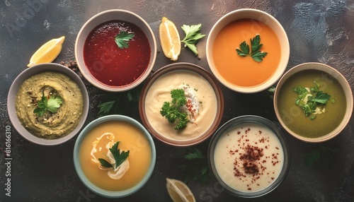 different kinds of soups top view