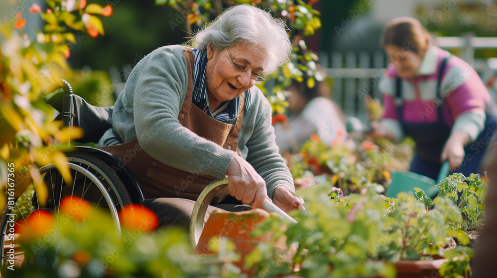 Elderly woman in wheelchair waters plants with friends at community garden, fostering interaction. Targets older adults for outdoor activities promoting wellbeing Elderly woman in wheelchair waters plants with friends at community garden, fostering interaction. Targets older adults for outdoor activities promoting wellbeing