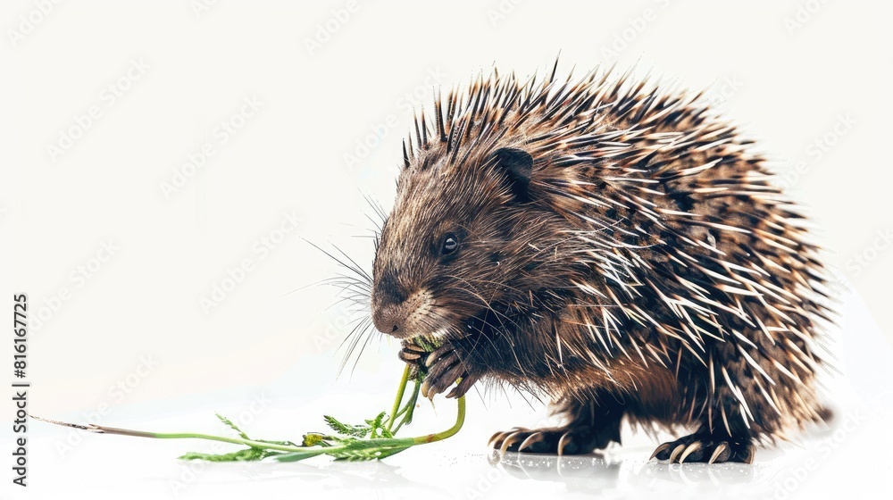 Porcupine consuming vegetation in a white backdrop Porcupine consuming vegetation in a white backdrop