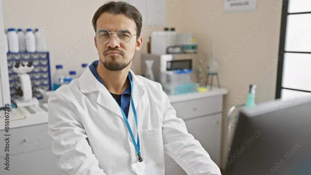 Confident young hispanic man with beard, wearing lab coat, working in laboratory, eyes closed, posing indoors Confident young hispanic man with beard, wearing lab coat, working in laboratory, eyes closed, posing indoors