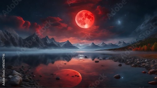 Celestial Spectacle: Red Moon and Stars