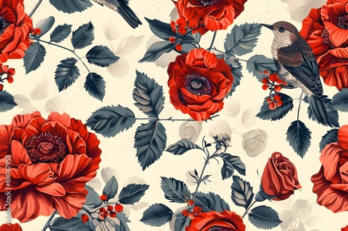 
Wide vintage seamless background pattern. Rose, poppy, wild flowers with nightingales and leaf. Abstract, photo