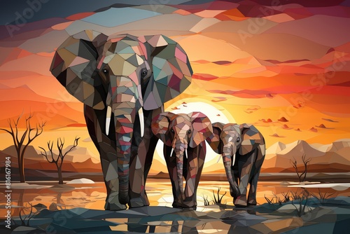 Elephant flat design side view family herd theme 3D render Analogous Color Scheme