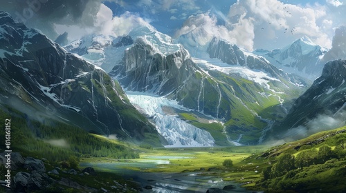 glacier in the mountains hyper realistic 
