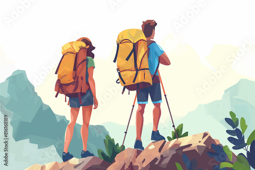 Two people are hiking up a mountain with backpacks