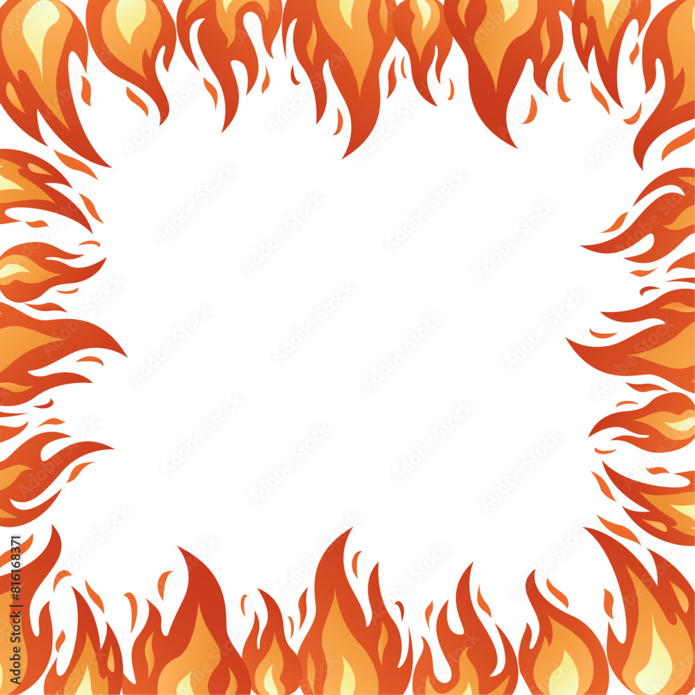 Flame square frame. Bright fiery flames, heat wildfire, campfire red hot bonfire. Burning frame hand drawn isolated on white. Trendy flat style burning frame. Vector illustration