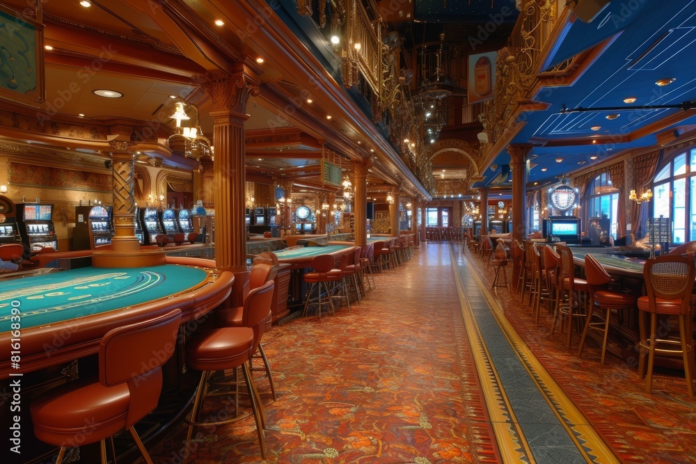 Opulent casino hall adorned with elegant decor, gaming tables, and slot machines, empty and ready for guests
