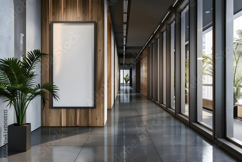 A view of a long hallway with a plant and a picture frame