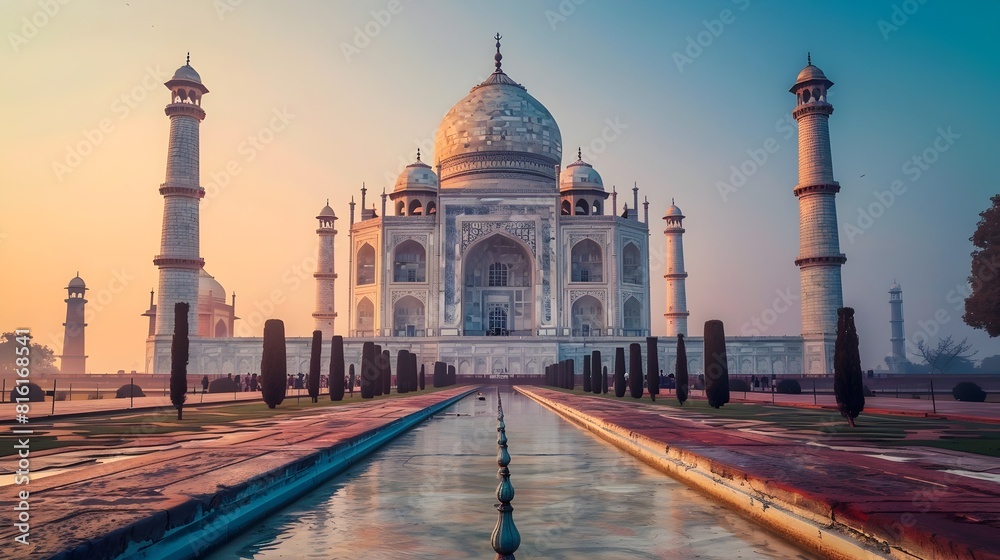 Fototapeta premium Majestic Taj Mahal Landmark at Sunset with Serene Reflection in Pool