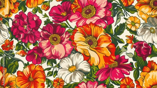 Abstract retro seamless pattern with Anemone Zinnia Gladiolus flowers illustration background for fabric print design.