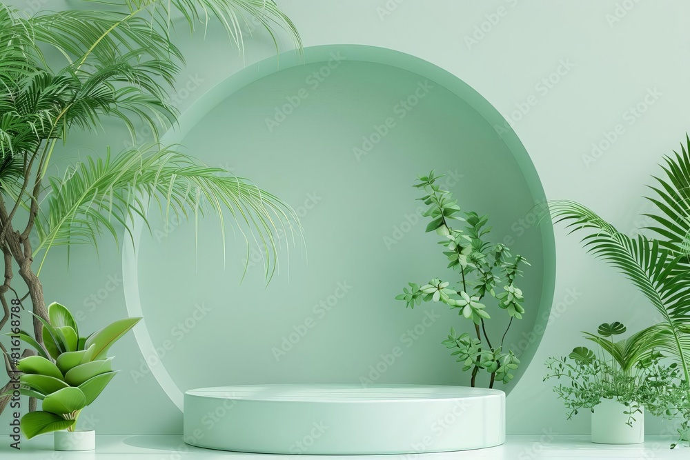 Lush green fluid backdrop in a pastel tone with a minimalist podium, suitable for natural or wellness products Lush green fluid backdrop in a pastel tone with a minimalist podium, suitable for natural or wellness products