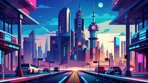 Futuristic Cityscape at Twilight with Vibrant Neon Colors