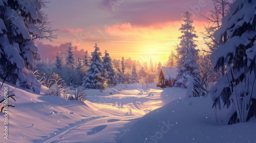 Illustration of a winter landscape covered in snow with glowing light hyper realistic  © Johannes