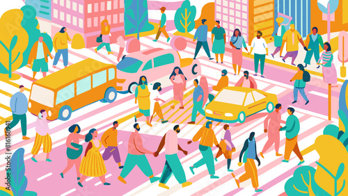 Vibrant City Life: Diverse People Crossing Busy Urban Intersection