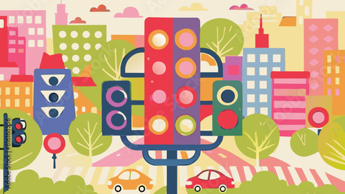 Colorful Traffic Lights Illustration in Urban Cityscape