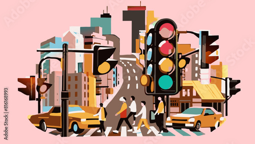 Vibrant Urban Illustration: Cityscape, Traffic Lights, and Pedestrians