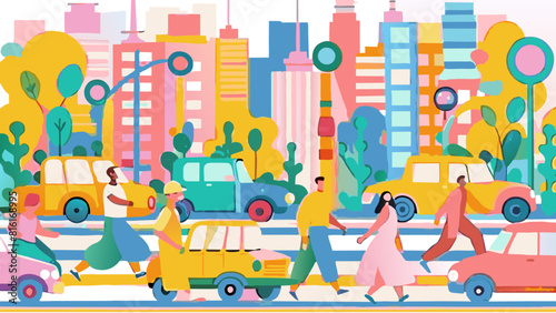 Vibrant Urban Life: Pedestrians and Traffic in a Colorful Cityscape