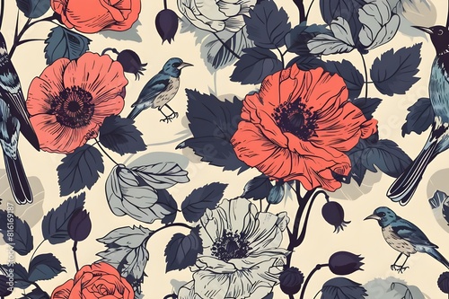  Wide vintage seamless background pattern. Rose  poppy  wild flowers with nightingales and leaf. Abstract 