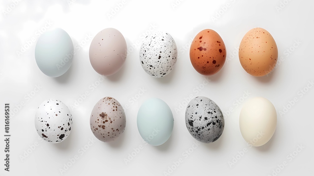 Easter eggs on a white background,Top view, flat lay, Generative AI illustrations. Easter eggs on a white background,Top view, flat lay, Generative AI illustrations.