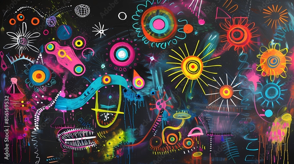 Colorful abstract painted background with different shapes and symbols, Creativity concept, Generarive AI illustrations.