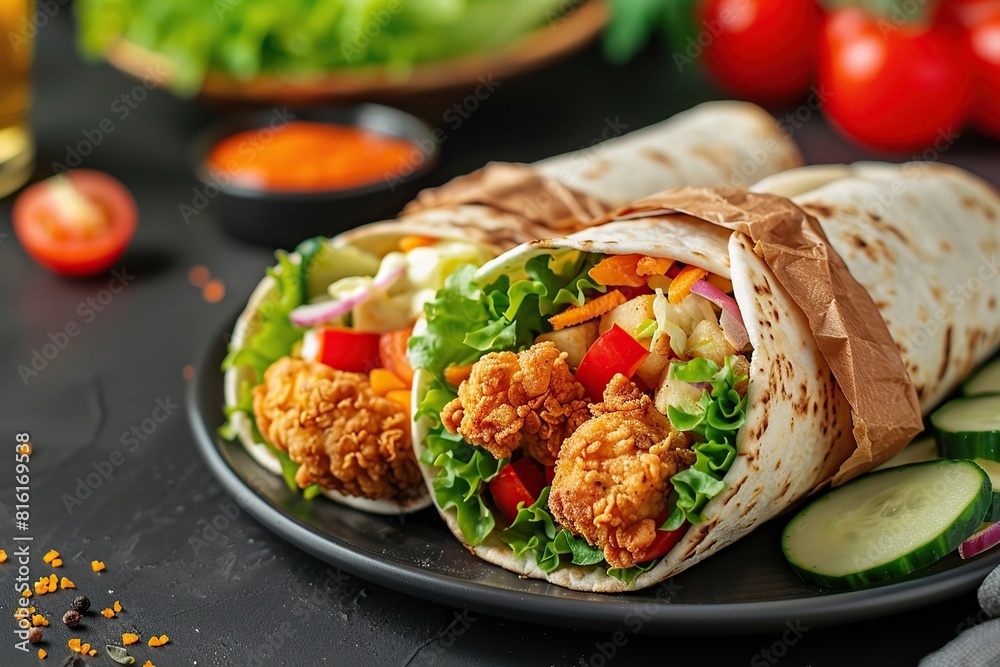 Tortilla wrap with chicken and fresh vegetables in plate on wooden table Tortilla wrap with chicken and fresh vegetables in plate on wooden table