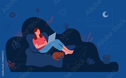 The girl is lying on the bed watching a true crime podcast, horror on a laptop in a dark room. A young woman enjoys detective series.
