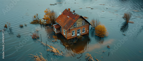 Flooded houses and land plots in villages during spring floods