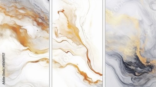 A triptych featuring abstract marble patterns with swirling organic shapes conveying movement and fluidity photo