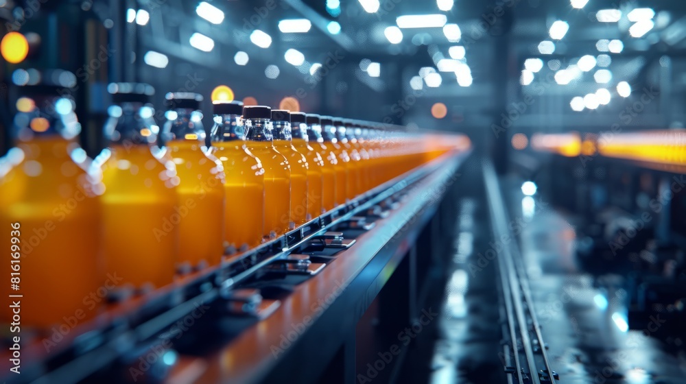 Modern production line for bottling and packaging natural juices and drinks. Concept of an industrial juice bottling plant, conveyor with juice. hyper realistic 